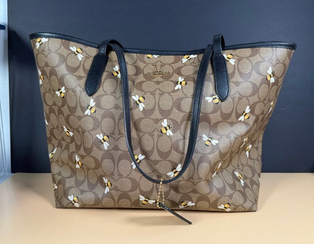 Coach City Tote Bee Signature Canvas Handbag A2296-C8590 Black Brown